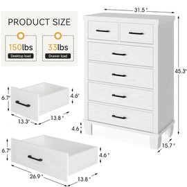 IDEALHOUSE Dresser for Bedroom with 6 Drawers, 45" Tall White Chests of Drawers with Storage, Wooden Dresser for Closet, for Bedroom, Living Room, Entryway