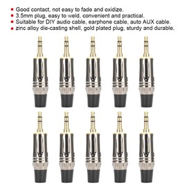 ASHATA 3.5mm Stereo Headphone Jack Male Plug Repair Replacement Solder Adapter, 10Pcs Zinc Alloy Gold Plating 3.5mm Stereophonic Welding Plug for Audio Earphone Cable(Black Tail)