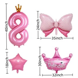 8th Birthday Party Decorations for Girls, Pink Birthday Balloons Set With 40 Inch Pink Number 8 Balloons, Large Helium Foil Crown Princess Balloons and Butterfly Balloons. (Pink 8)