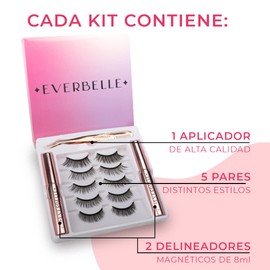 Everbelle Kit de 5 Pares de Pestañas Postizas Magnéticas SIN Pegamento (Reusables hasta 30 veces) y Dos Delineadores Magnéticos Líquidos para Ojos (8ml c/uno) A Prueba de Agua