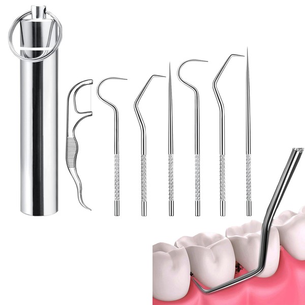 304 Stainless Steel Toothpick Set, 7 Pieces Toothpicks, Reusable, with