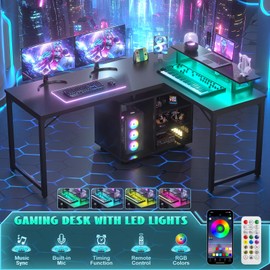 Cyclysio L Shaped Gaming Desk with Wood Cabinet, 58" Large Corner Desk with LED Lights & Power Outlet, Reversible Computer Desks with Computer Tower Stand, 2 Person Desks for Home Office, Black