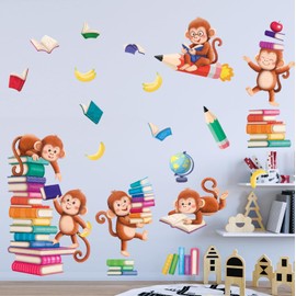 DECOWALL SG2-2402 Books with Reading Monkey Wall Stickers Book Inspirational Decals Removable for Kids Baby Library Classroom Nursery School Bedroom Playroom Living Room décor