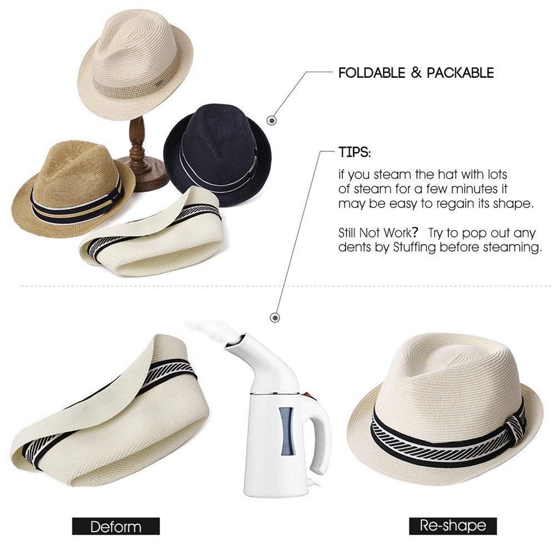 Fancet Packable Men Women Straw Fedora Panama Sun Summer Beach