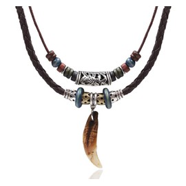 Beulous Men Women Leather Necklace Vintage Tribal Style Boho Hipppie Double Layered Black Braided Beaded Pendant Necklace