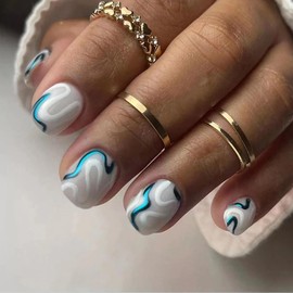 Vezocim White Artificial Square Fake Nails, 24Pcs Press on Nails Short with Blue White Line Designs, Glossy Full Cover Coffin Acrylic False Nails, Glue Fingernails with Charm for Women