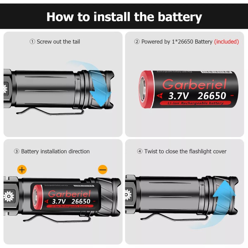 Garberiel 1000000LMS Powerful Rechargeable LED Flashlight Tactical 30W Zoom Torch