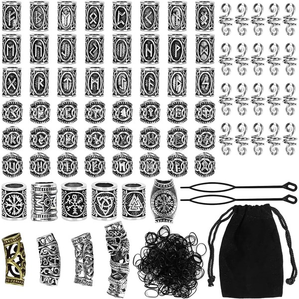 Queta 80 Rune Beads Set with 300 Rubber Bands, Viking Beard Beads, Antique DIY Hair and Beard Beads, Nordic Hair Jewellery, Braided Bracelet, Pendant Necklace, African Beads, Ceramic