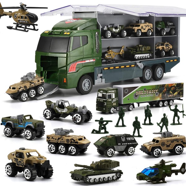 26 Pcs Military Truck with Soldier Men Set(2 in 1), Mini Die-cast Battle Car in Carrier Truck, Army Toy Double Side Transport Vehicle for Kid Child Girl Boy Play Birthday Party Favors