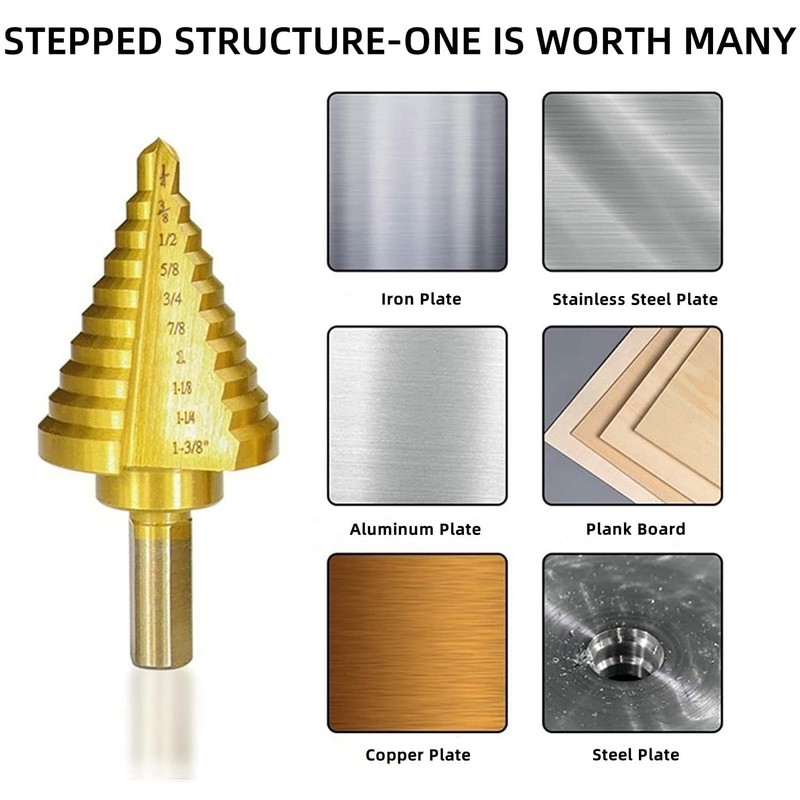 5PCS Titanium Step Drill Bit Set with 1 Automatic Center