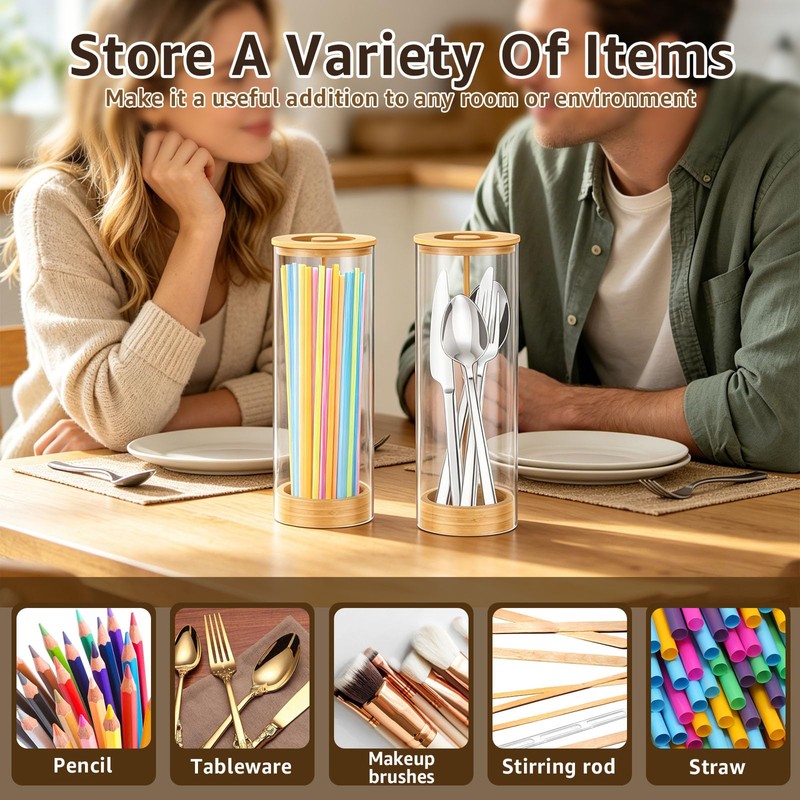 Acrylic Straw Dispenser with Bamboo Lid 25cm Clear Straw Holder