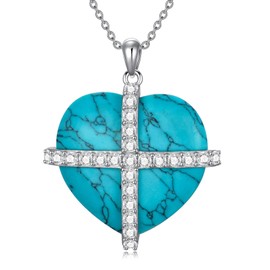 SHINYKEND Turquoise Heart Necklace with Cross for Girls Women, 925 Sterling Silver Heart CZ Cross Pendant Jewelry Gifts Valentine's Day Birthday Mother’s day (Heart Cross)