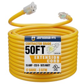 50 Foot Contractor Grade Outdoor Extension Cord with Lighted Power Outlet End by Journeyman-Pro 12/3 SJTW Yellow Cable with 3 Prong Grounded Plug 15 AMP UL Listed 50'FT (50FT Yellow)