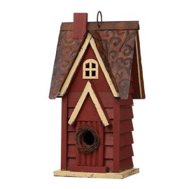 Glitzhome 12" H Distressed Red Cottage Solid Wood Birdhouse Hanging Bird House for Outdoors