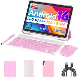 Android 16 Tablet 10 inch Tablets, 20GB RAM 128GB ROM 2TB Expandable, 2.0GHz Octa-core Processor, 2 in 1 Tablet with Keyboard Case Stylus Mouse, 5G WiFi6, BT 5.0, 6000mAh, Widevine L1, GMS, Pink
