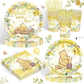 120PCS Classic Winnie Bear Party Supplies for Girls Baby Shower Kids 1st Birthday Spring Sweet as Can Bee Neutral the Pooh Themed Decorations Plates Napkin Cups Disposable Tableware Set for 20 Guests