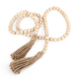 RAINFLOW Wood Bead Garland with Tassels - 2PCS Farmhouse Rustic Country Decorative Beads Home Decor, Natural Color, 50inch 14mm 84 Round,Boho,Farmhouse Beads Wall Hanging Decor
