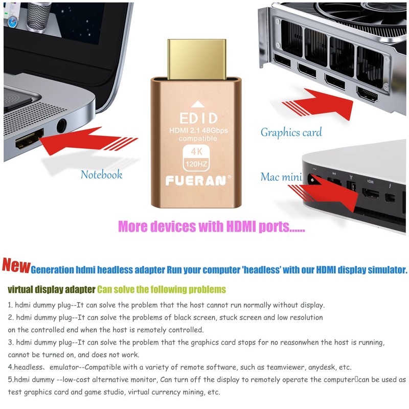 FUERAN HDMI 2.1 Dummy Plug 4K@120Hz Virtual Display Emulator, Headless