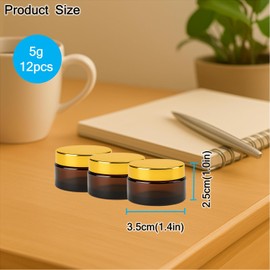 12 Packs 5ml/0.17Oz Amber Glass Cream Jars with Golden Lids Small Cosmetic Containers Refillable Empty Jars Travel Sample Jars for Lip Balm, Salve, Ointment, Eye Cream, DIY Skincare