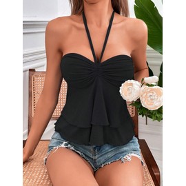 AKLOPVII Women Y2k Peplum Ruched Crop Tank Tops Cute Open Back Drawstring Tie Spaghetti Strap Halter Summer Going Out Black