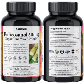 Earthville Policosanol 50mg Sugar Cane Wax Alcohol Octacosanol 10 20 Veggie Capsules, 60 Tablets, 1 Piece / 어스빌 폴리코사놀 50mg 사탕수수왁스알코올 옥타코사놀 10 20 베지캡슐, 60정, 1개