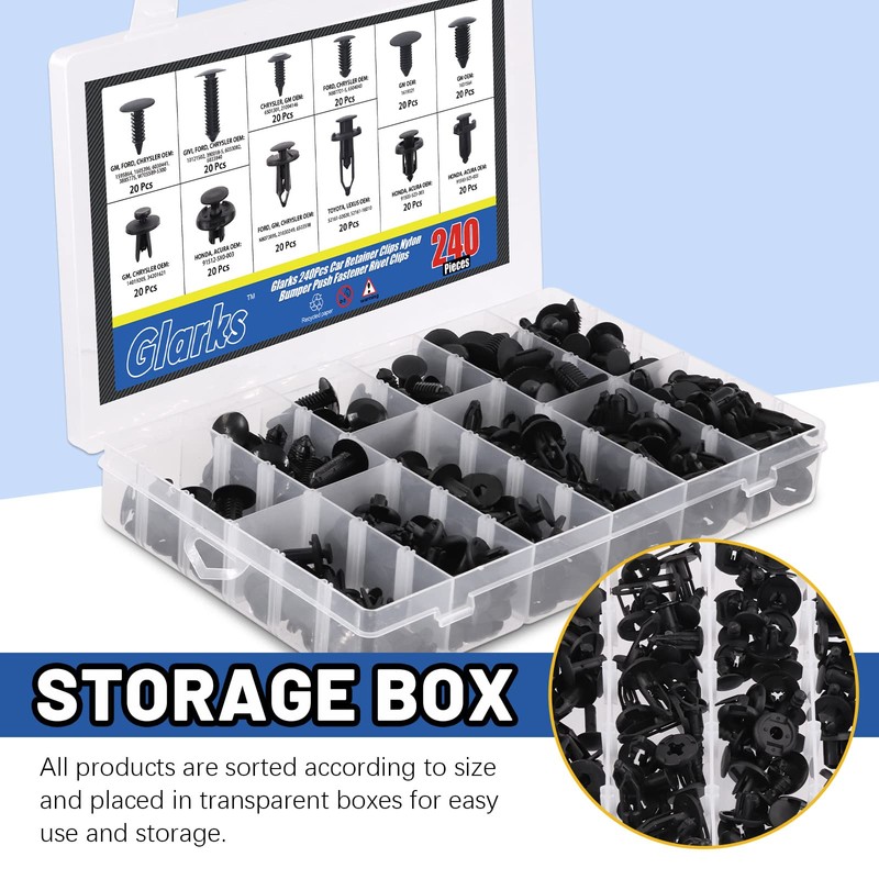 Glarks 245Pcs 12 Sizes Car Retainer Clips Nylon Bumper Push