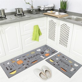 Carvapet 2 Pieces Non-Slip Kitchen Rug TPR Non-Skid Backing Mat for Doorway Bathroom Runner Rug Set, Grey Kitchen Design (17"x48"+17"x24")