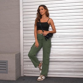 Women's Cargo Pants High Waisted Baggy Cargo Jeans Straight Leg Y2K Streetwear Trousers 8 Pockets for Women Green
