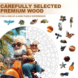 Wooden Puzzles for Adults, Motorcycle Grandma & Grandpa Wooden Jigsaw Puzzle for Adults, 195 Piece Unique Animal Shape Wood Puzzles Adult, Gifts for Grandparents, & Family, Home Decor (M-11.4*10.9in)