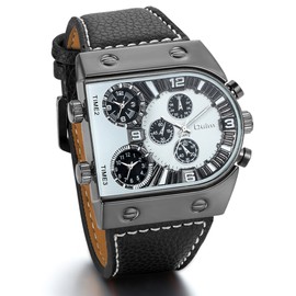 JewelryWe 4PCS Big Mens Oversize 3 Time Zone Leather Quartz Military Sport Watches Christmas Gifts