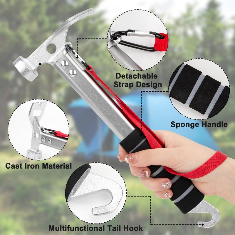 AYMQC Tent Hammer Lightweight Aluminium Camping Hammer with Hook Multifunctional