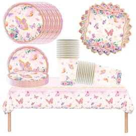 Doyomtoy 61 Pieces Colorful Butterfly Party Tableware Set with Cups, Plates, Napkins and Cutlery Suitable for Birthday Parties, Kids Parties, Camping, for up to 20 Guests