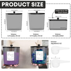 COAZEX 3 Pack Laundry Powder Container & Dryer Sheet Holder, Plastic Laundry Room Organization and Storage Jars with Lids, Labels & Scoops for Powder, Detergent, Scent Booster (Black)
