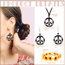 ORAZIO Hippie Costume Set for Women Peace Sign Necklace Peace Sign Earring Flower Crown Headband 60s 70s Party Accessories Jewelry Set