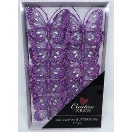 Set of 6 Lilac 8cm Diamante Glitter Mesh Jewelled Butterfly 3D Decorative Butterflies Wedding Home Party Event Craft Embellishment Festive Stylish Xmas Tree Christmas Decoration Curtain Clip On