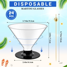 Baderke 24 Pack Plastic Martini Glasses with Gold Pearl Cocktail Picks Disposable Clear Mini Cocktail Cups Dessert Glasses for Wedding Party Wine Appetizers (Stemed 5 oz,Black Base)