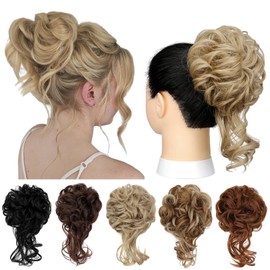 Messy Bun Hair Piece Tousled Updo Hair Extension with Elastic Rubber Band Synthetic Curly Wavy Hair Bun Scrunchie for Women Girls, Ash Blonde 1.2oz