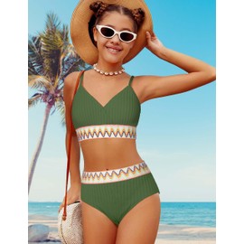 DONWEN Teen Girls Swimsuits Bikini Sets Color Block Two Piece Bathing Suit V-Neck Girl Swimwear, Green, 15-16 Years