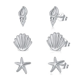 Lypic 3 Pairs 925 Sterling Silver Starfish Seashell Clam Conch Shell Earrings Women's Beach Stud Earrings Ocean Jewelry for Women Teen Ocean Lover