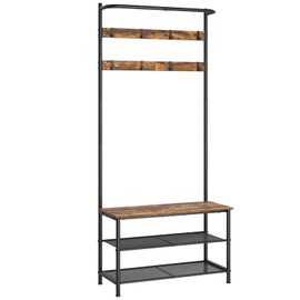 YATINEY Hall Tree, Coat Rack with Shoe Bench, 4-in-1 Entryway Bench with Storage Shelves, Hanging Rod and 8 Movable Hooks, Hall Tree with Storage Bench for Hallway, Rustic Brown and Black MT02BR
