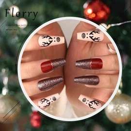 Florry Medium Coffin Fake Nails Red Matte Press on Nails for Christmas Snowflake Cute Acrylic Nails for Women and Girls 24Pcs (Elk)