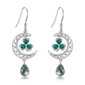URONE Celtic Moon Clover Leaf Earrings Sterling Silver Celtic Knot Shamrock Earrings Moss Agate Irish Jewellery for Women