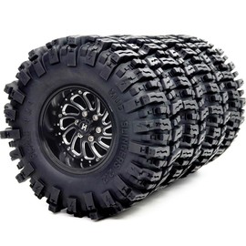 HOBBYSOUL 2.2 Beadlock Wheels and Tires 124mm Tall Tyres, Mud Slingers 2.2 Tires and Wheels Adjustable Offset 40mm Wide Rims for 1/10 RC Crawler SCX10 Capra Upgrades,HS701586