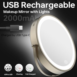 LANSI Rechargeable Lighted Makeup Mirror, 10x Magnifying Mirror, 3 Color Lights, Touch Screen Dimming, 360° Extendable Arm Wall Mounted Mirror for Bathroom Shaving (Brushed Nickel)