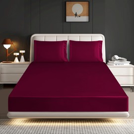 ROOEE Satin Silk Fitted Sheet with Pillowcase Set Breathable Soft Bedding Brushed Fabric Wrinkle, Shrinkage and Fade Resistant Bottom Bed Sheets (BURGUNDY, Single)