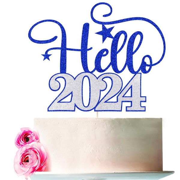 Bejotaa Hello 2024 - Decoración de fiesta de Año Nuevo, decoración para tartas, Feliz Año Nuevo, 2024, suministros para fiestas, Feliz Año Nuevo, decoración de fiesta de Año Nuevo (azul y plateado)