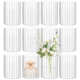 12 Pack Glass Cylinder Vases for Centerpieces, 6 Inch Tall Clear Ribbed Vase, Bulk Glass Vases Hurricane Floating Candle Holder Flowers Decor, Table Shelf, Floating Candle and Home Decor