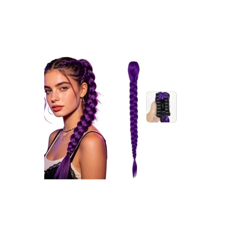 Purple Braided Ponytail Hair Extension, Claw Clip in Synthetic Braid