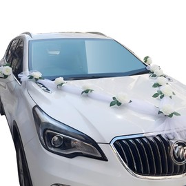 KATLKIU Flower Bridal Car Decoration, 9 Suction Cups, Artificial White Roses Flowers with Mounting Accessories, Elegant Decoration for Cars, Weddings, Parties and Ceremonies