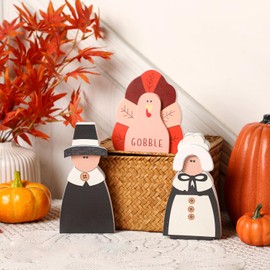 Autumn Harvest Kitchen Table Decor: 3 Pcs Wooden Turkey Pilgrim Couple Sign for Thanksgiving Fall - Elegant Home Decor Piece to Enhance Your Seasonal Decoration WAN